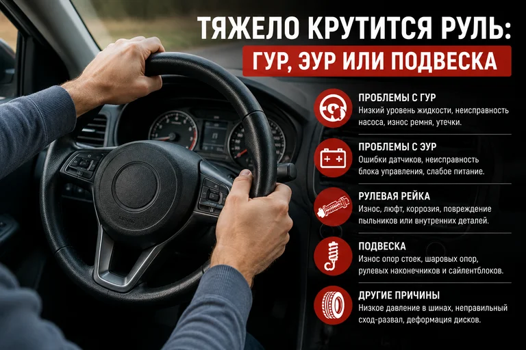 Тяжело крутится руль: ГУР, ЭУР или подвеска